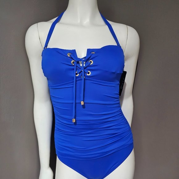 Lauren Ralph Lauren Lace-up Bandeau Tummy-Control One-Piece Swimsuit Siz… - Picture 2 of 11